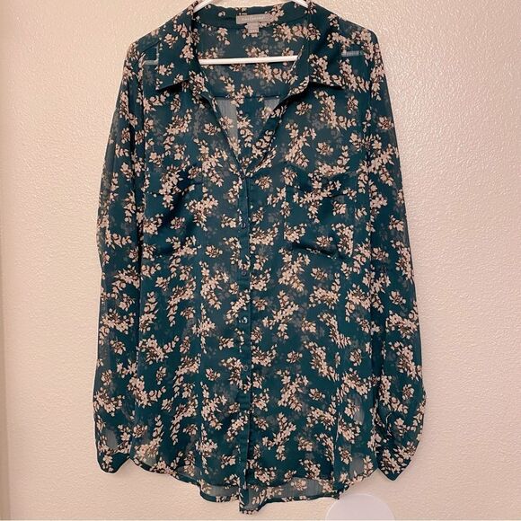 Peace and Pearl dark green micro floral semi sheer button up blouse top plus XXL - Picture 1 of 13